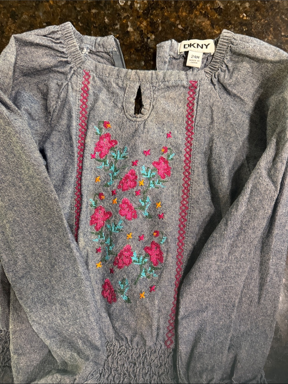 DKNY Girls' Gray Top with Pink & Teal Floral Embroidery